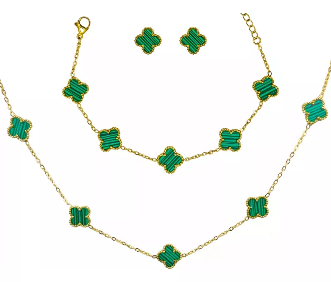 Kit De Collar Choker + Pulsera Aretes De Trébol Verde Clover