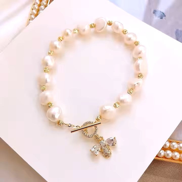 Hermosa Pulsera Abeja De Perlas Agua Dulce Natural