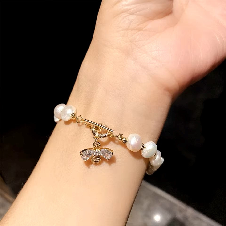 Hermosa Pulsera Abeja De Perlas Agua Dulce Natural