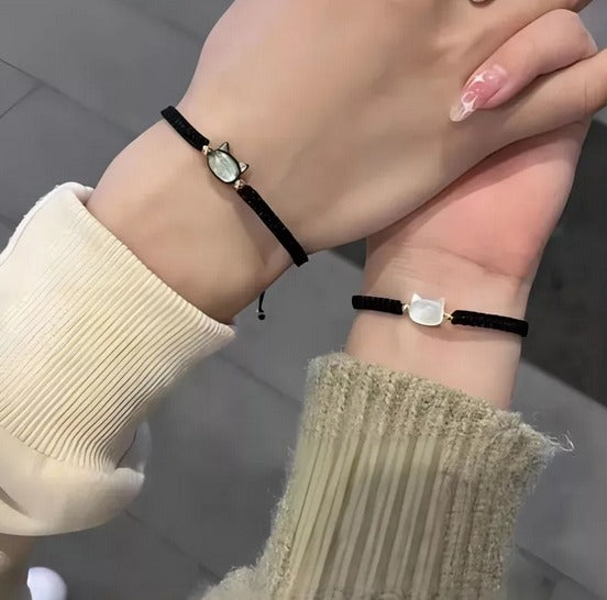 Pulsera Gatitos Para Parejas En Piedra Nácar (Piedra de Mar) Brillante x2