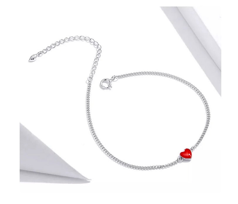 Pulsera De Corazón Rojo Carmín Exclusiva De Plata De Ley 925