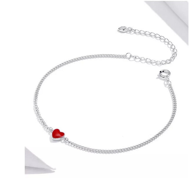 Pulsera De Corazón Rojo Carmín Exclusiva De Plata De Ley 925