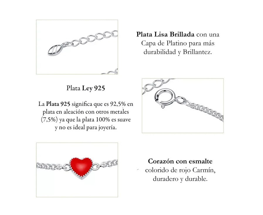 Pulsera De Corazón Rojo Carmín Exclusiva De Plata De Ley 925